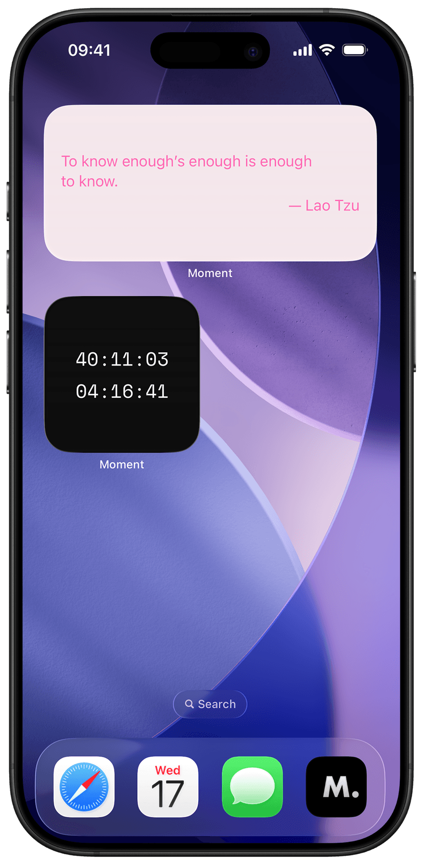 Moment home screen widgets showing daily quotes and life progress